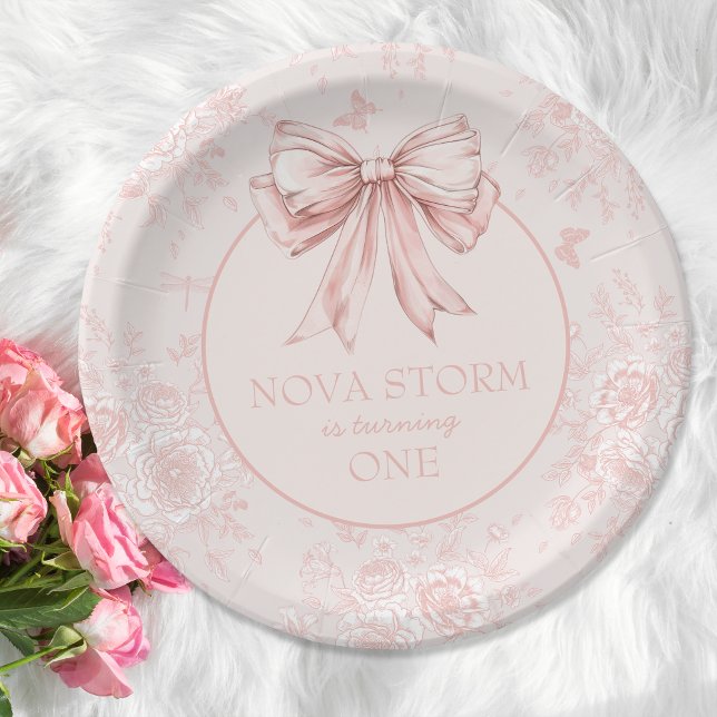 Pink Bow Birthday Party Whimsy Toile Personalized Paper Plates (Creator Uploaded)
