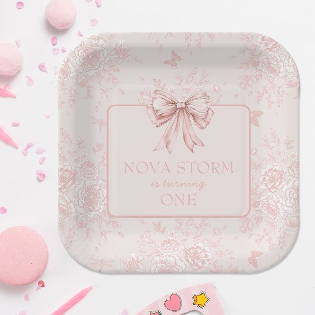 Pink Bow Birthday Party Whimsy Toile Personalized Paper Plates (Creator Uploaded)