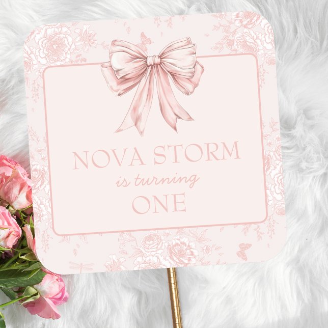 Pink Bow Birthday Party Whimsy Toile Personalized Square Sticker (Creator Uploaded)