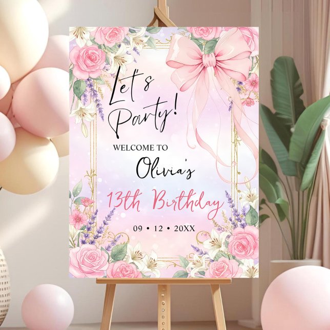 Pink Bow Birthday Welcome Sign Template, Editable  (Creator Uploaded)