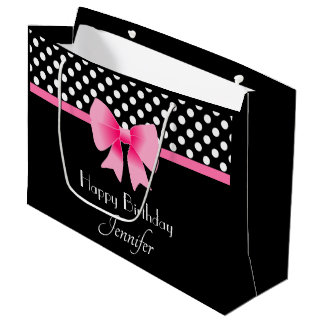 Pink Bow Black And White Polka Dots Birthday Large Gift Bag