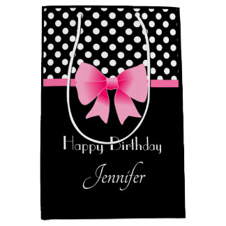 Pink Bow Black And White Polka Dots Birthday Medium Gift Bag