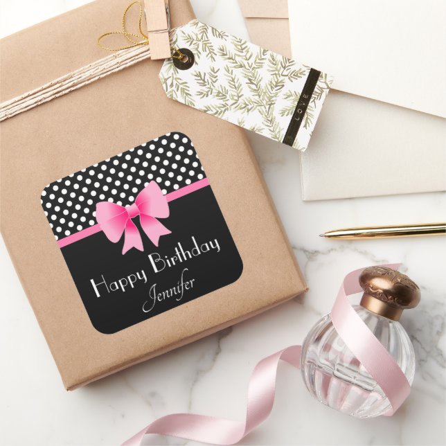 Pink Bow Black And White Polka Dots Birthday Square Sticker (Gifting)