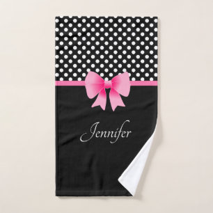 Pink Bow Black And White Polka Dots Name Bath Towel Set