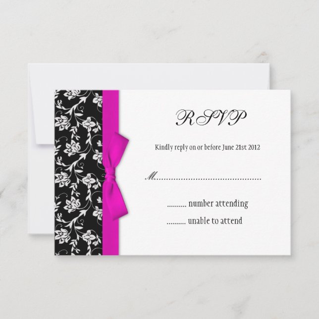Pink Bow Black and White Wedding Flower RSVP Card (Front)