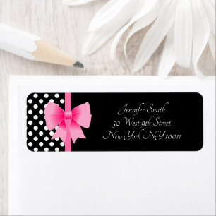 Pink Bow Black & White Polka Dots Pattern Name Label