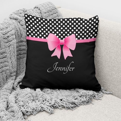Pink Bow Black  White Polka Dots Pattern Name Throw Pillow