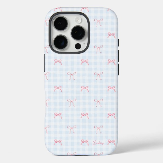 Pink Bow Blue Gingham Personalized Name Case-Mate iPhone Case (Back)