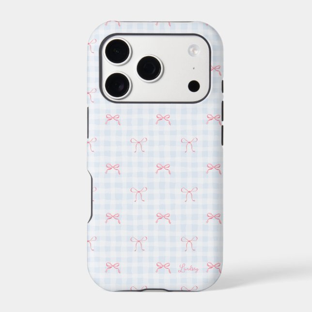 Pink Bow Blue Gingham Personalized Name Case-Mate iPhone Case (Back)