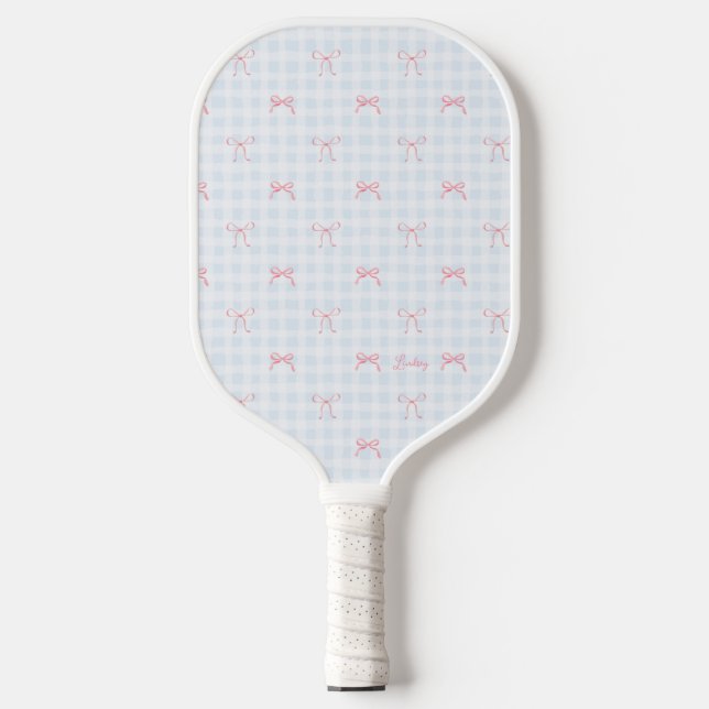 Pink Bow Blue Gingham Personalized Name Pickleball Paddle (Front)