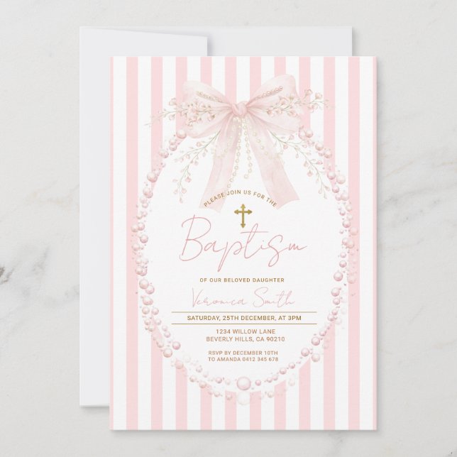 Pink Bow Blush Cross Stripes Baptism Invitation (Front)