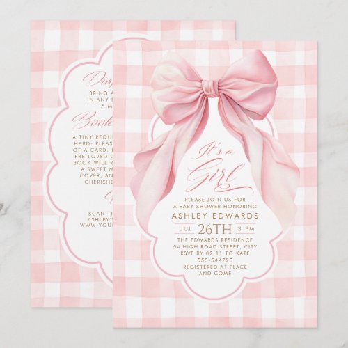 Pink Bow Blush Gingham Girl Baby Shower All In One Invitation
