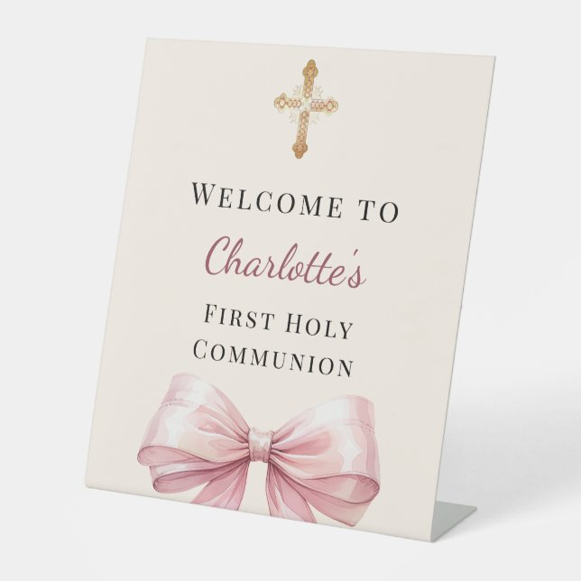 Pink bow blush ivory First Holy Communion welcome Pedestal Sign (Front)