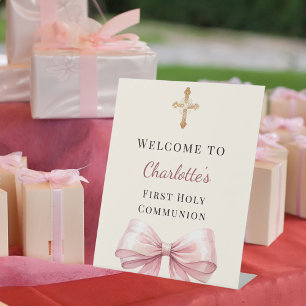 Pink bow blush ivory First Holy Communion welcome Pedestal Sign