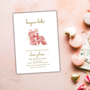 Pink Bow Bonjour Bébé French Macarons Baby Shower  Invitation