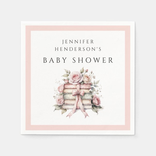 Pink Bow Bookstack Baby Shower Napkins (Front)