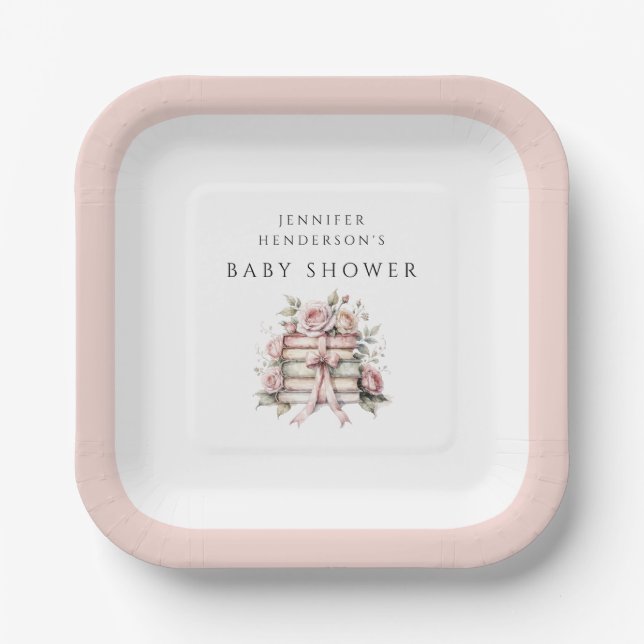 Pink Bow Bookstack Baby Shower Paper Plates (Front)