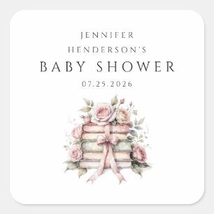 Pink Bow Bookstack Baby Shower Square Sticker