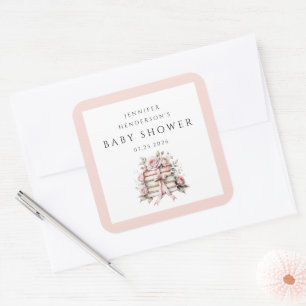 Pink Bow Bookstack Baby Shower Square Sticker