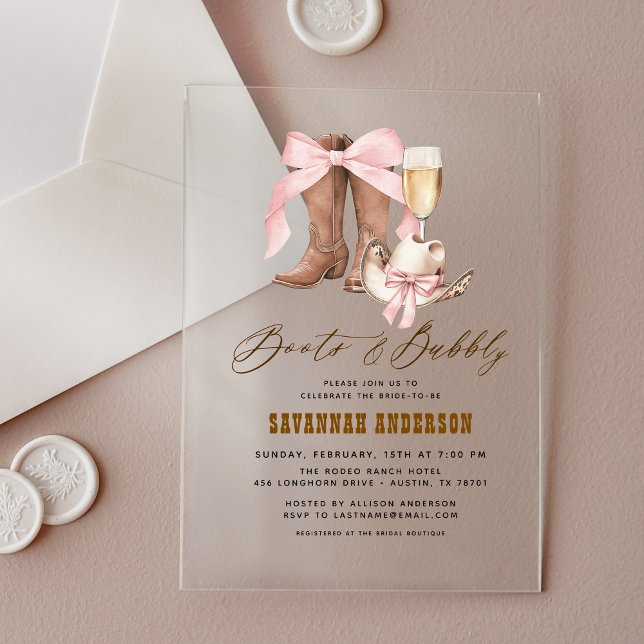 Pink Bow Boots & Bubbly Western Bridal Shower Acrylic Invitations (Creator Uploaded)