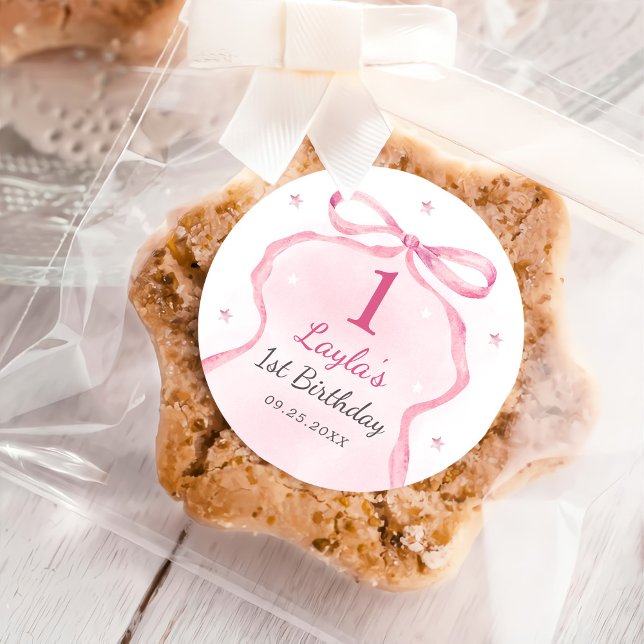 Pink Bow Boutique 1st Birthday Party  Classic Round Sticker (Creator Uploaded)
