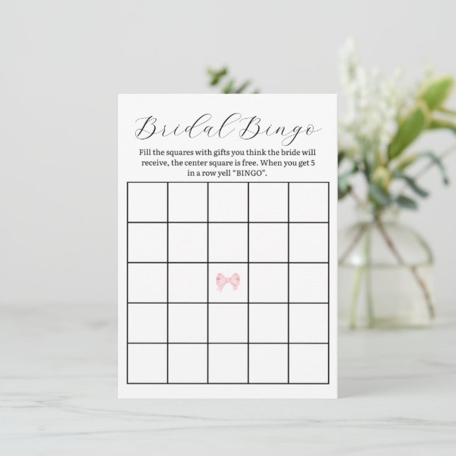 Pink Bow Bridal Shower Bingo Game – Printable Note Card (Standing Front)