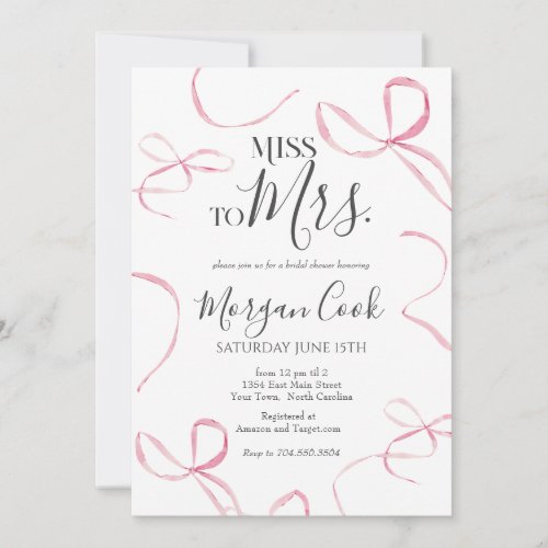 Pink bow Bridal Shower Invitation miss to mrs  Invitation