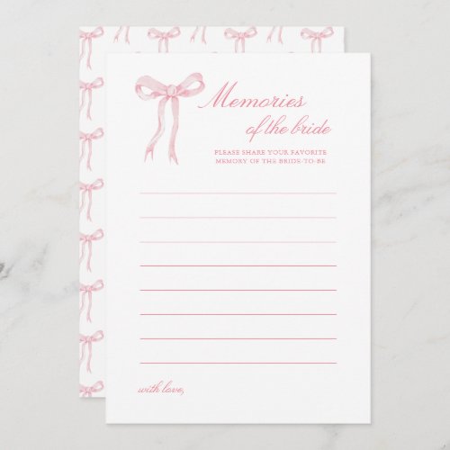 Pink Bow Bridal Shower Memories of Bride Advice Card