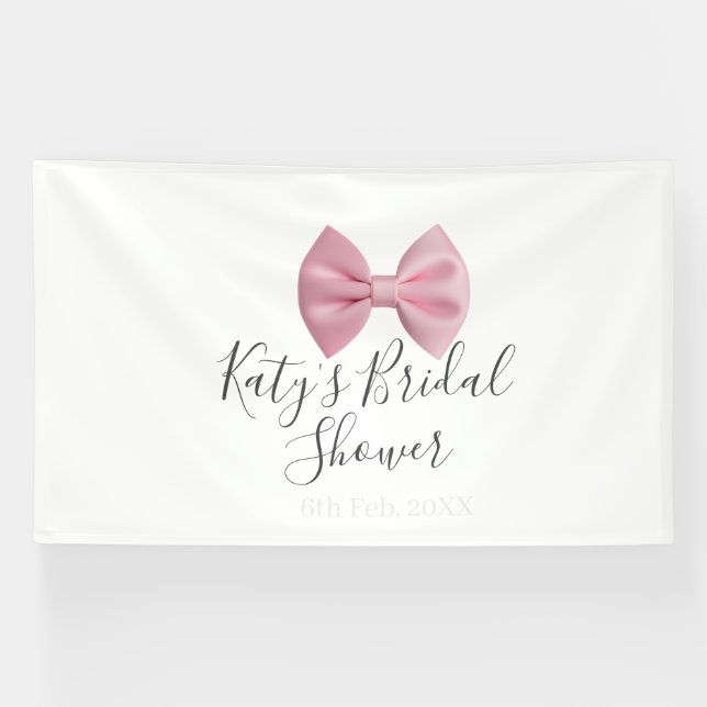 Pink bow bridal shower name date pastel stylish te banner (Horizontal)