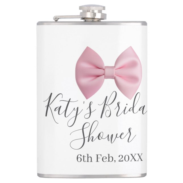 Pink bow bridal shower name date pastel stylish te flask (Front)
