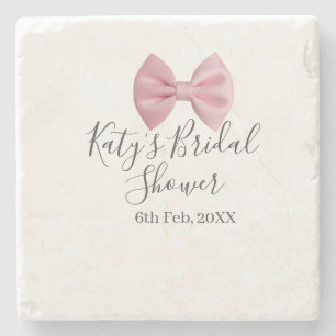 Pink bow bridal shower name date pastel stylish te stone coaster