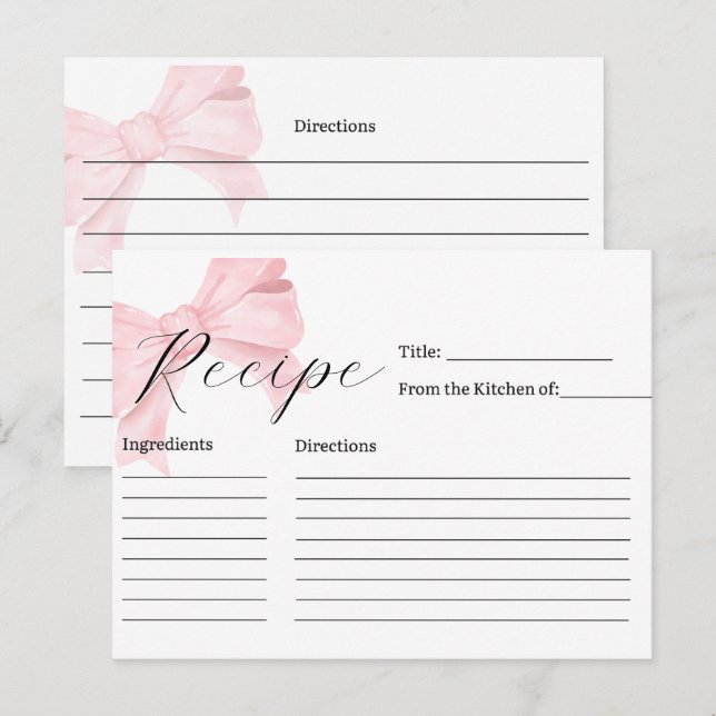 Pink Bow Bridal Shower Recipe Card (Front/Back)