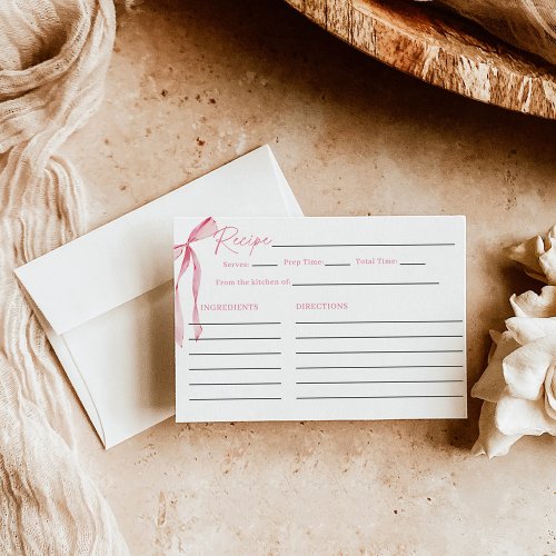 Pink Bow Bridal Shower Recipe Card