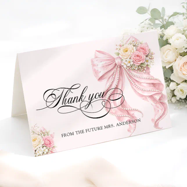 Pink Bow Bridal Shower Thank You Card | Zazzle