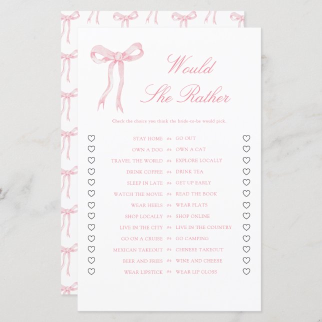 Pink Bow Bridal Shower Would She Rather Game (Front/Back)