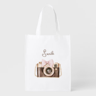 Pink Bow Brown Camera Smile Grocery Bag