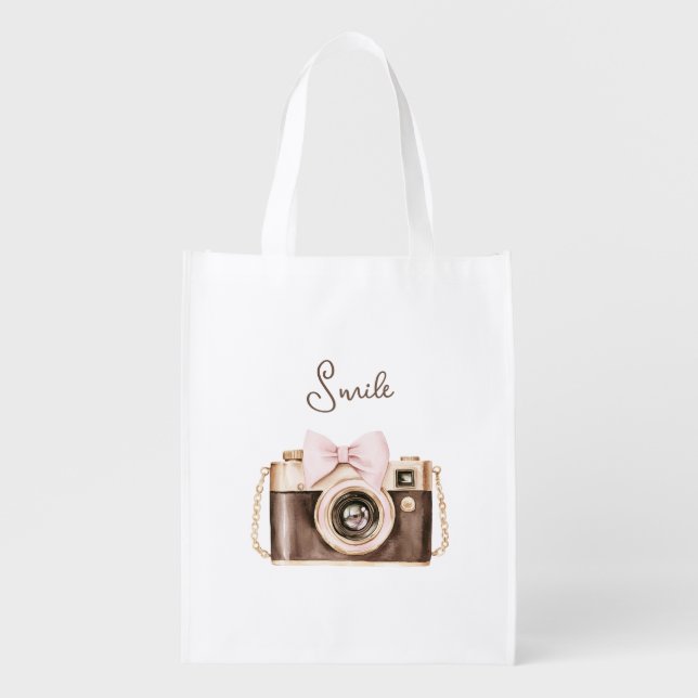 Pink Bow Brown Camera Smile Grocery Bag (Front)