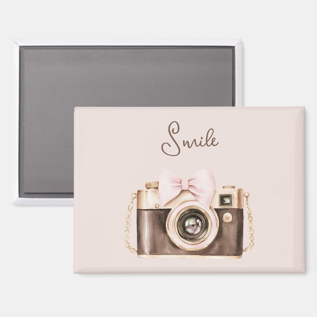 Pink Bow Brown Camera Smile Magnet (Front/Back)
