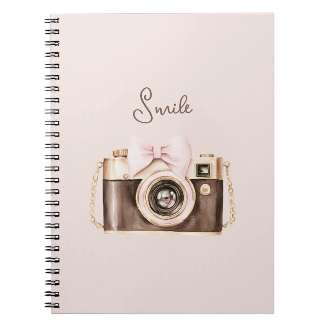 Pink Bow Brown Camera Smile Notebook (Front)
