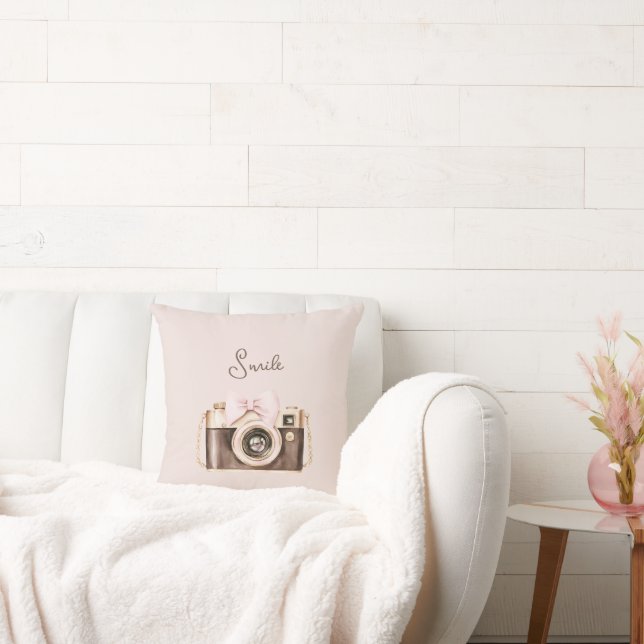 Pink Bow Brown Camera Smile Throw Pillow (Couch)