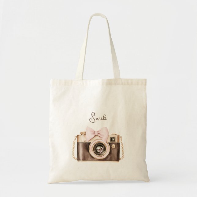 Pink Bow Brown Camera Smile Tote Bag (Front)