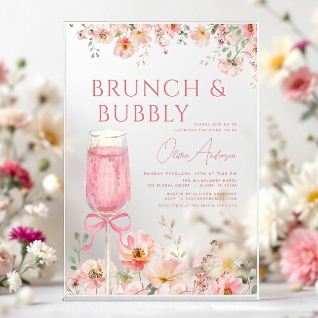 Pink Bow Brunch and Bubbly Champagne Bridal Shower Acrylic Invitations (Creator Uploaded)
