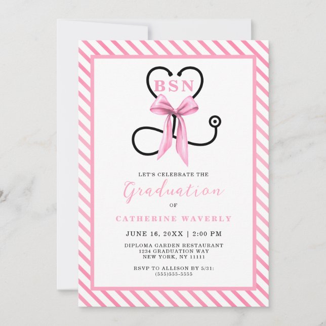 Pink Bow BSN Nurse Graduation Party Invitation (Front)