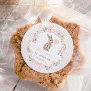 Pink Bow Bunny Balloon Girl Birthday Party Classic Round Sticker