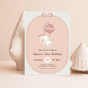 Pink Bow Bunny Cute Rabbit 1st Birthday Invitation