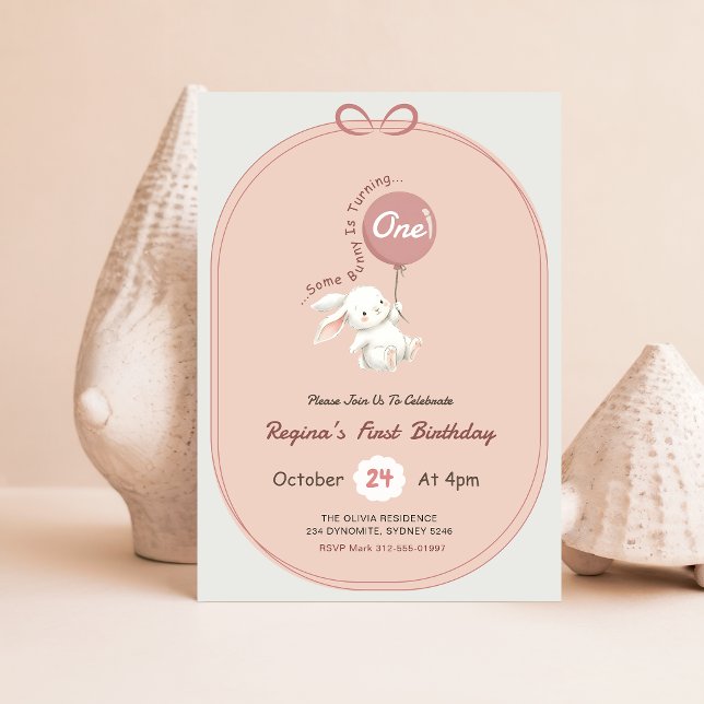 Pink Bow Bunny Cute Rabbit 1st Birthday Invitation (Creator Uploaded)
