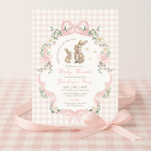 Pink Bow Bunny Gingham Floral Girl Baby Shower