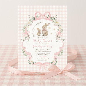 Pink Bow Bunny Gingham Floral Girl Baby Shower Invitation