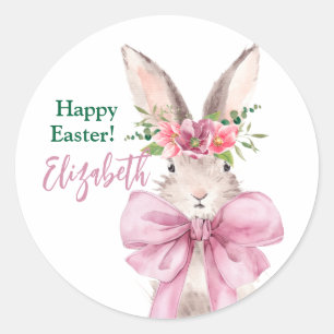 Pink bow bunny Happy easter rabbit Classic Round Sticker