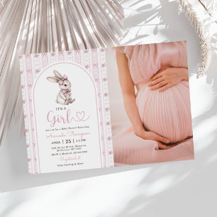 Pink Bow Bunny Vintage Rabbit Baby Shower Photo Invitation